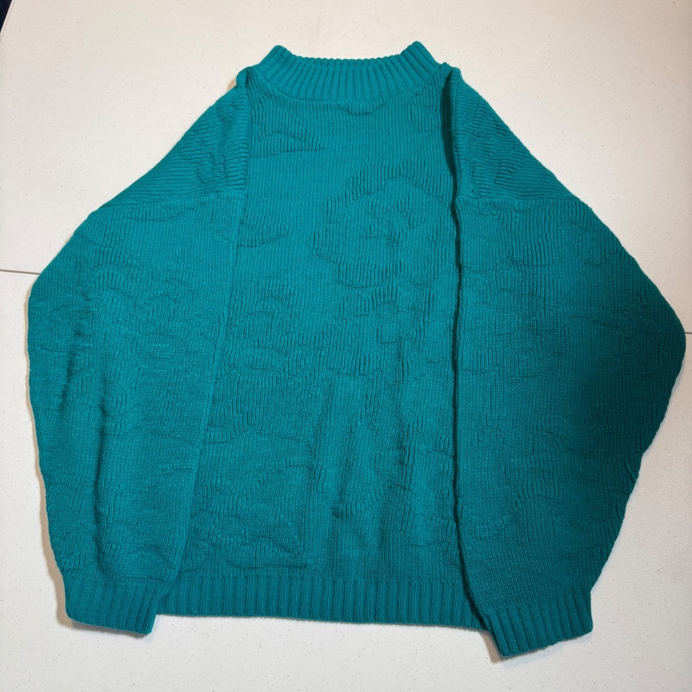 80's Spunky Retro Vintage Teal Green Floral Textured Knit Sweater Medium Grandma